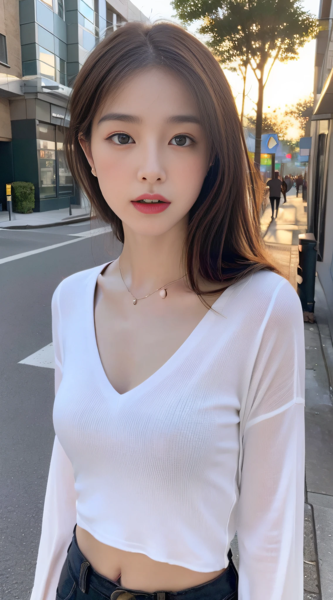 ((Realistic lighting, best qualtiy, 8K, tmasterpiece:1.3)), sharp fokus:1.2, 1girll, The whole body is perfect and beautiful:1.4, Slim abs:1.1, ((dark brown hair)), (White crop top:1.4),(exteriors,during night:1.1),the city street,Ultra-fine face,Fine eyes,二重まぶた