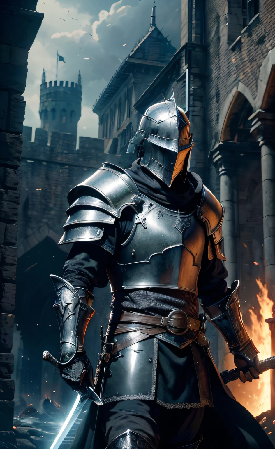 (8k unit wallpaper CG extremely detailed, masterpiece, best quality, ultra-detailed), (((solo))), ((wide shot:1.5)), (a paladin with a legendary sword), (themed background), medieval, magnificent scene, dark sinister environment, (dark Souls 3, illustrator, (best illustration)