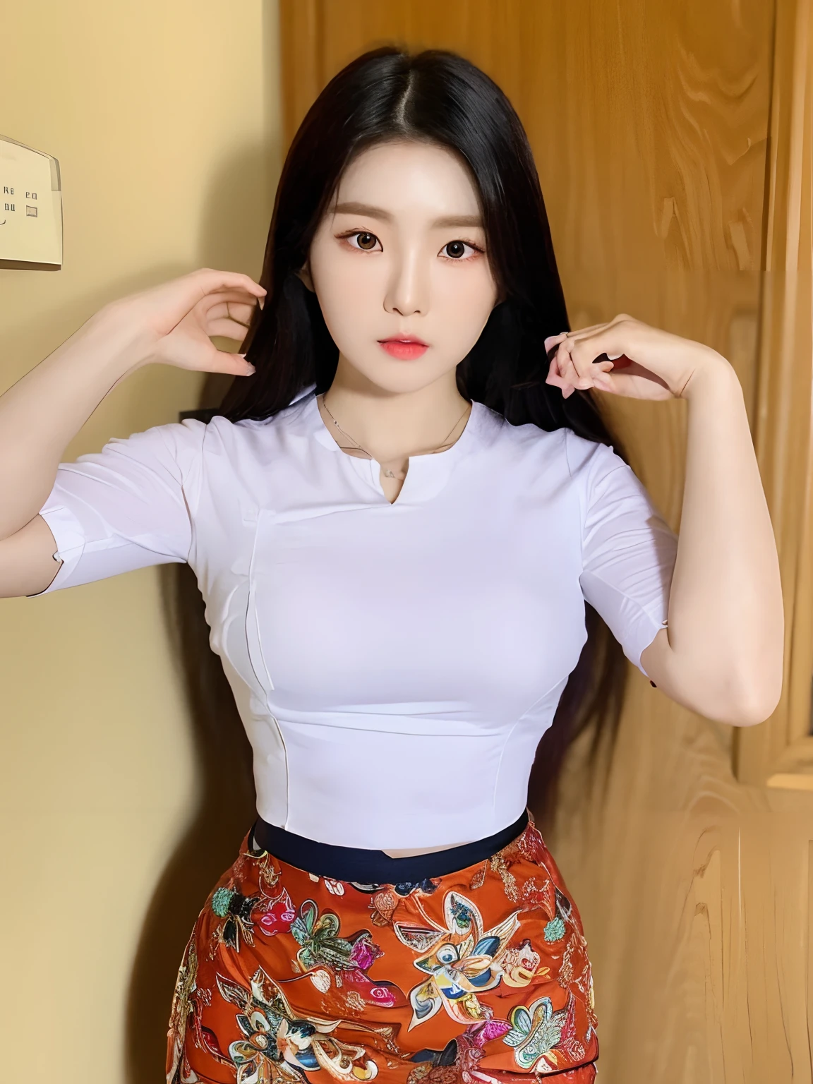 ((Best quality, 8k, Masterpiece :1.3)), 1girl, facing camera :1.2, beautiful korean woman with slender abs: 1.3, (casual hairstyle, big breasts: 1.2),short pleated skirt, hugging your hips tightly and accentuating the curves of your hips and ass.,a white collared blouse, buttoned high to the top of your neck and tucked neatly into your skirt.,  detailed eyes, double eyelids, whole body, indoor, korean apartment, k-pop posters, large tv, gaming sytem,