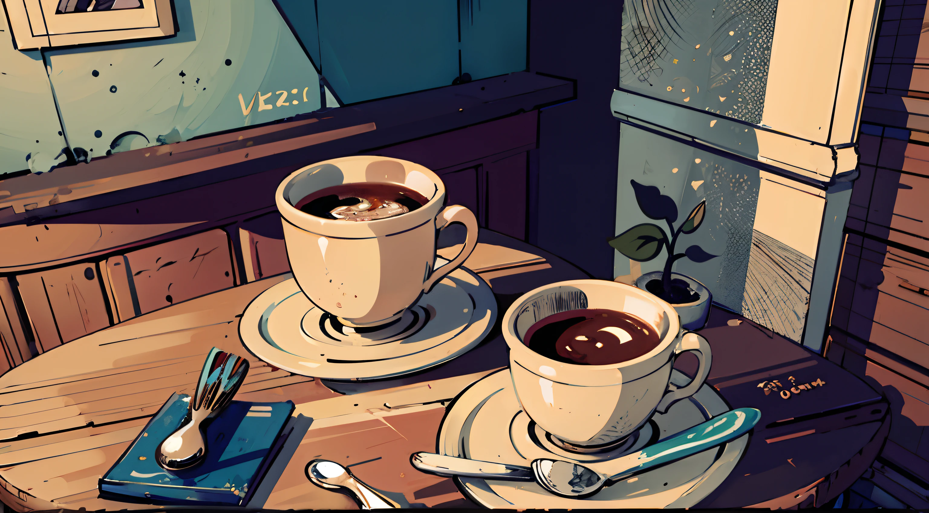 there is a painting of a cup of coffee and a plate of food on a table, cozy cafe background, relaxing concept art, cafe, lofi art, lofi artstyle, in a bright cafe, on a sunny day, anime background art, relaxing atmosphere, afternoon hangout, sitting in a cafe, sunny atmosphere, drinking tea, ☕ on the table