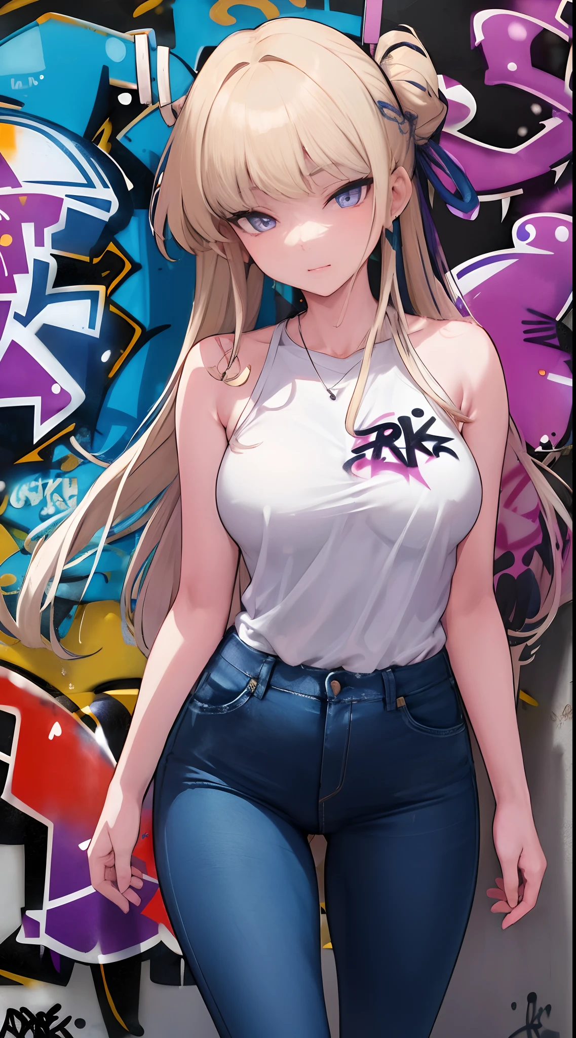 Azuma Toki | Blue Archives, master-piece, bestquality, 1girls,20 age, Double tail hairstyle, proportional body, Long Jeans, oversized breasts, ,bara, (Graffiti:1.5), Splash with purple lightning pattern., arm behind back, against wall, View viewers from the front., Head tilt,