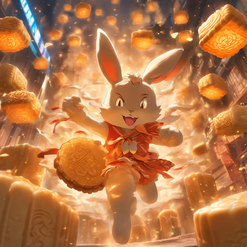 edgBunny，Eat mooncakes，laurel，themoon，The light is depicted in detail，orange tint，oc rendered，high qulity，tmasterpiece，Hyper-realistic，Ultra photo realsisim，8K，super-fine，ultra - detailed，Ultra-wide angle of view，dynamic viewing angle