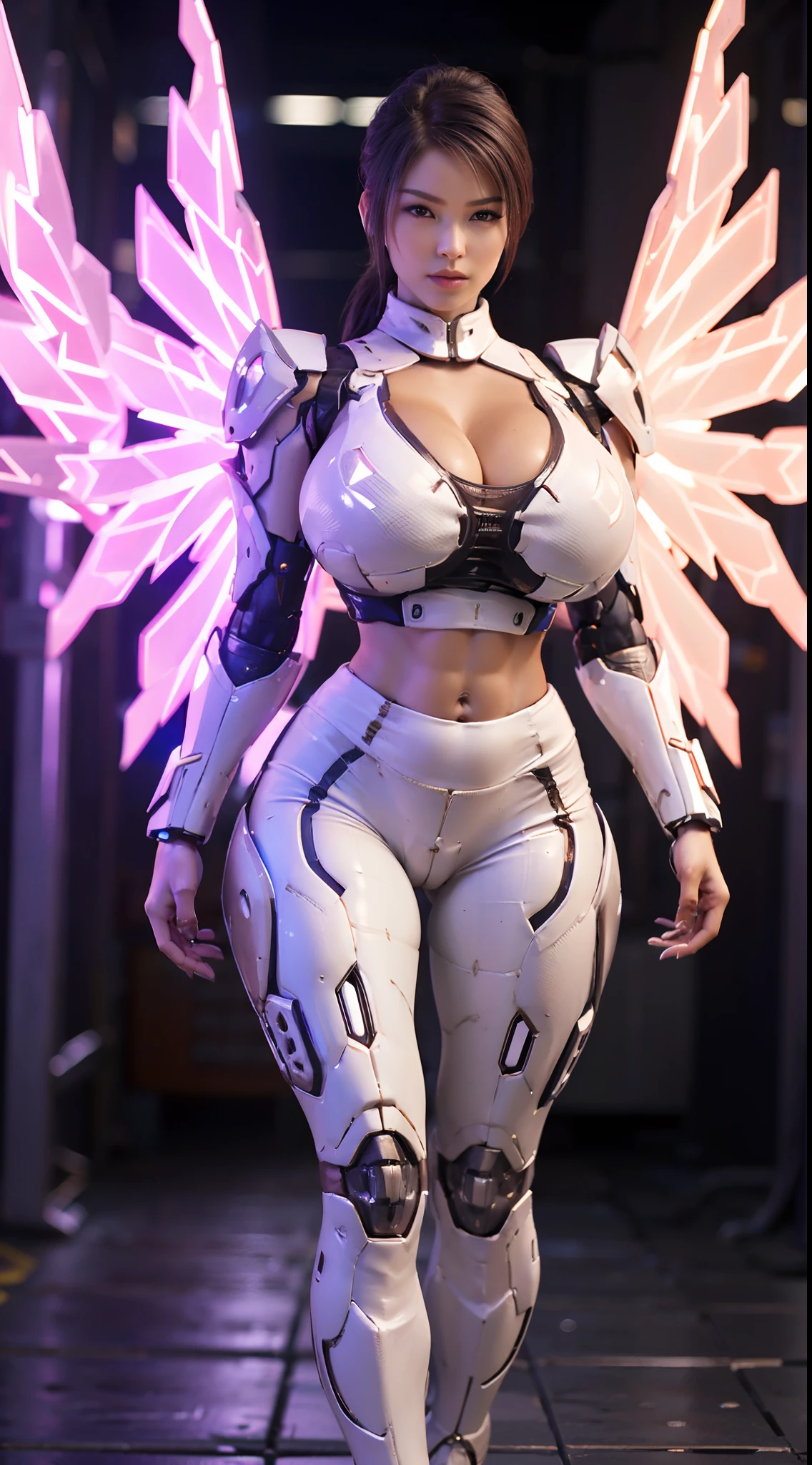 HUGE FAKE BOOBS, FRONT BANGS PONYTAIL, (BEAUTY PURPLE, WHITE), SEXY MECHA ARMOR, (CROP TOP), (SKINTIGHT YOGA PANTS), FUTURISTIC MECHA SUIT, (CLEAVAGE), ((THE BIGGEST MECHANICAL WINGS)), (TALL LEGS), (LOOKING AT VIEWER), (STANDING), SEXY BODY, MUSCLE ABS, UHD, 8K, 1080P.