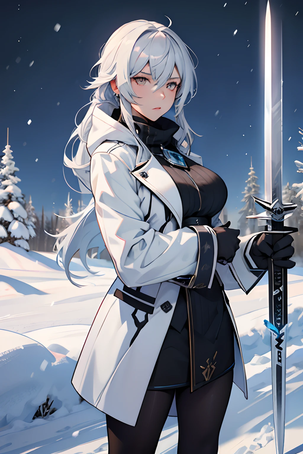 white eyes, dark silver hair medium a little bit light blue pastel, velvet clothes, overcoat, young, tights, russian, genshin-impact, ice vision, catalyst, cold gaze, snow, archon, hot woman, mommy vibes, 27 years old, badass, with a big ice sword powers, with ice powers in your hands, fatui, background with too much snow, too much blizzard in the background, snow plain in the background, dominant, serious, bold and cold