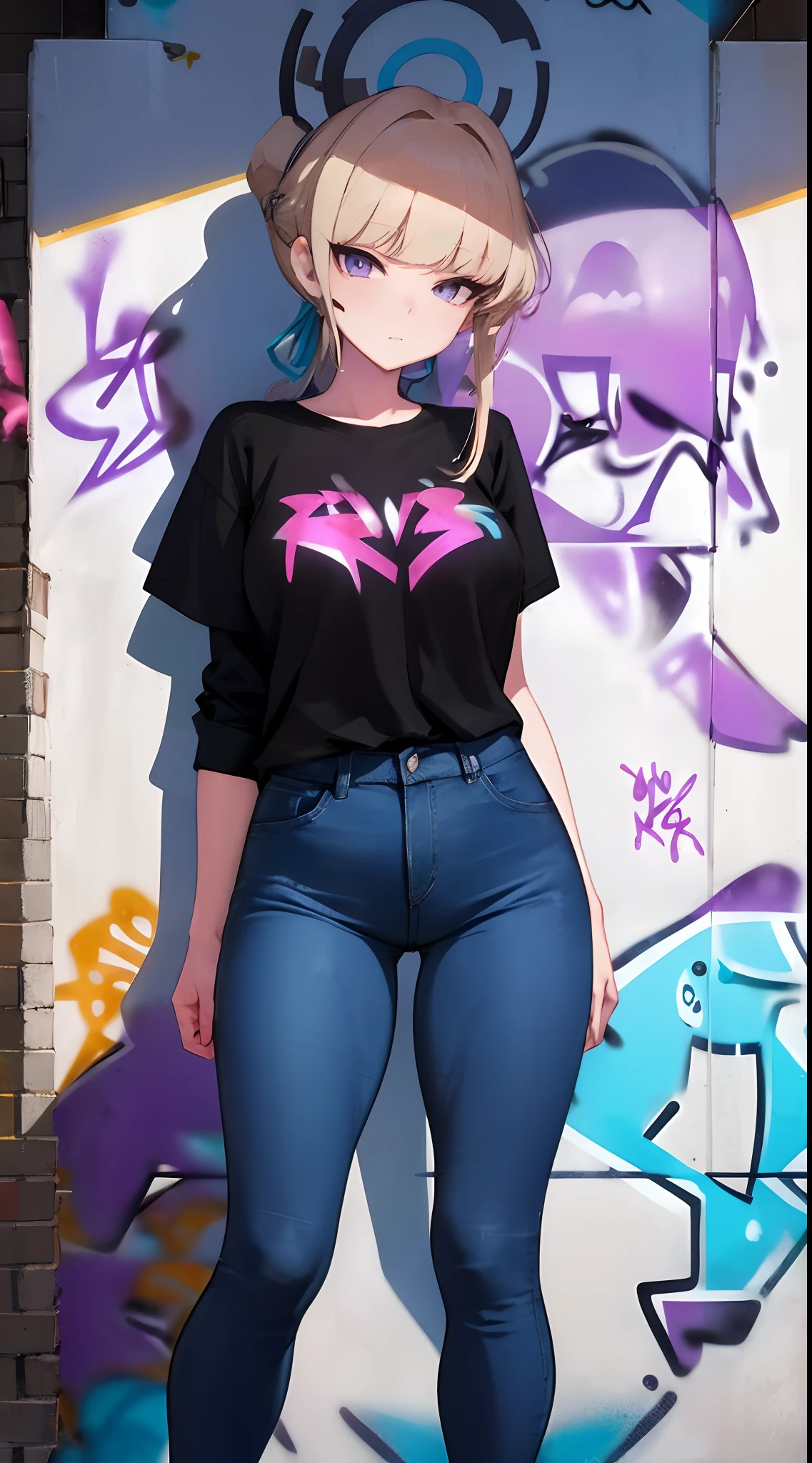 Azuma Toki | Blue Archives, master-piece, bestquality, 1girls,20 age, Double tail hairstyle, proportional body, Long Jeans, oversized breasts, ,bara, (Graffiti:1.5), Splash with purple lightning pattern., arm behind back, against wall, View viewers from the front., Head tilt,