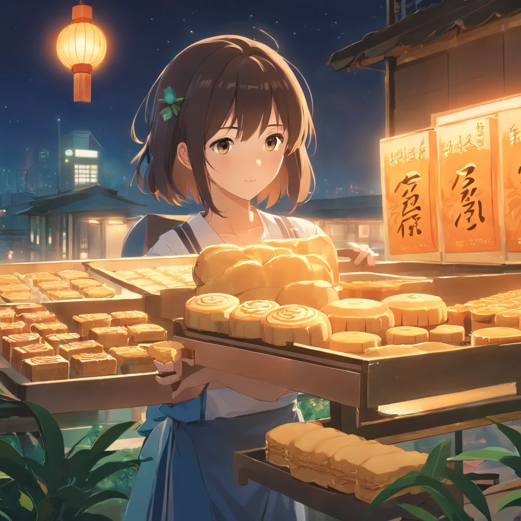 edgBunny,Eat mooncakes,laurel,themoon,The light is depicted in detail,orange tint,oc rendered,high qulity,tmasterpiece,Hyper-realistic,Ultra photo realsisim,8K,super-fine,ultra - detailed,Ultra-wide angle of view,dynamic viewing angle