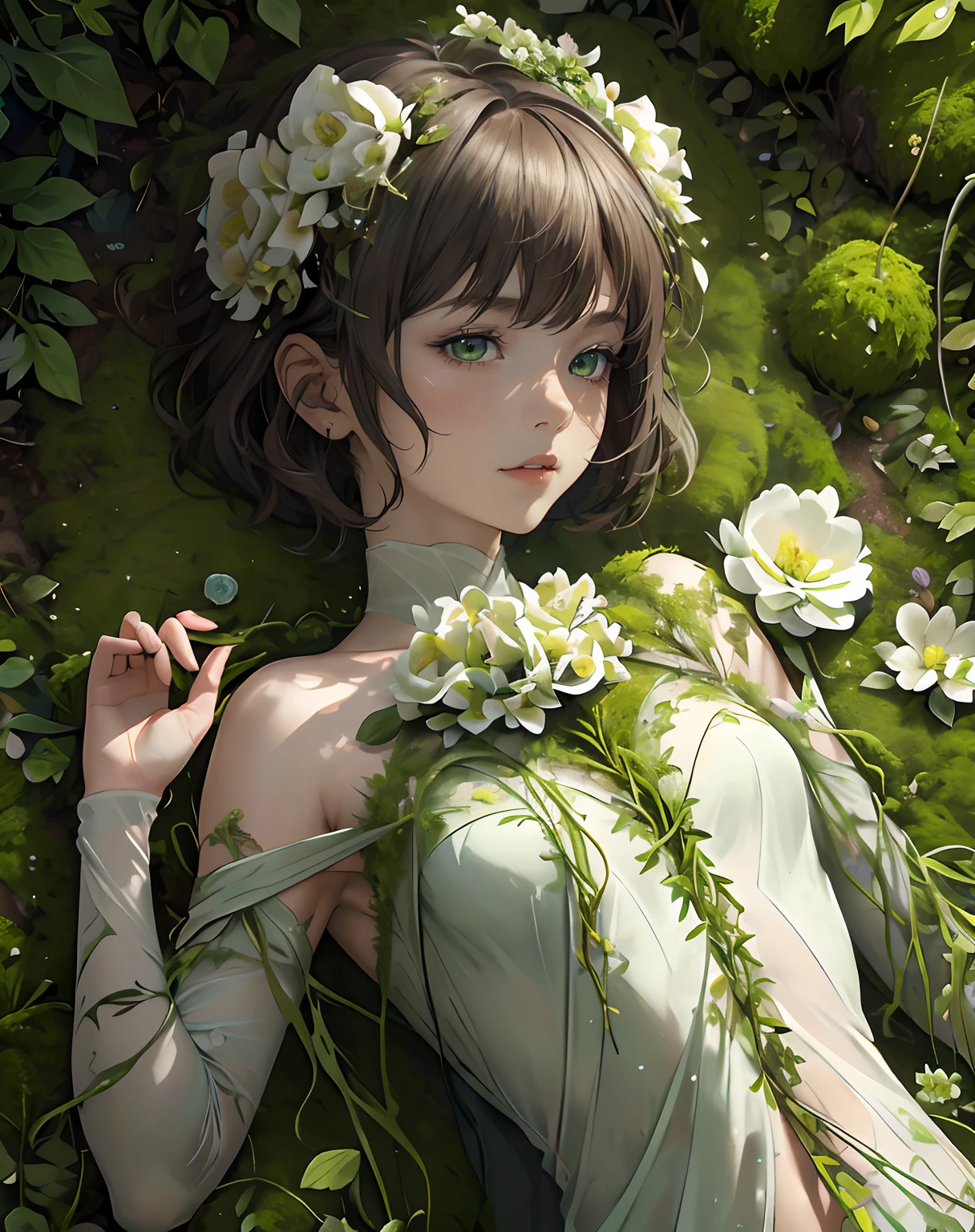 (Masterpiece, top quality, best quality, official art, Beauty and aesthetics: 1.2), (Bangs,short hair)(1 girl: 1.3), very detailed, colorful, most detailed ((super detailed)), (highly detailed CG illustration), (very delicate and beautiful), (from front), cinematic lights, ((1 girl)), single, complete, (moss-made ensemble: 1.2), ((moss outfits)), (moss attire), (unbound), (real), (moss attached to limbs ), (body moss covering), (real, (covered, (( sheets of moss attached to his body)), (lying on your back), (expressionless, (character focus), science fiction, forest, (plant: 1.5,flower:1.3)