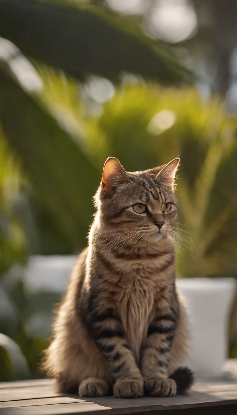 Create a stunning image of a chubby and cute cat sitting gracefully on a rooftop against a backdrop of swaying palm trees. #Cat on the roof #palm tree #Artistic photography, sunset, Thatched cottage. High-quality and contrasting photos, unreal engine 5, Wide angle of view, Depth of field, Hyper-detail skins, Color Correction, Crazy details, Color Correction, hyperrealism, Lifelike (Highest Quality, Masterpiece, 4k, The ultra-detailliert, edgy) focusing, 8K , High definition, It's incredibly detailed and complex.: 1.2) High-quality and contrasting photos, unreal engine 5, wide vision, Depth of field, Super delicate skin, Color Correction, Crazy details, Color Correction, hyperrealism, Real Live (Highest Quality, Masterpiece, 4k, Extremely detailed, Sharpen focus, 8K, High definition, incredibly detailed, Complex: 1.2)
