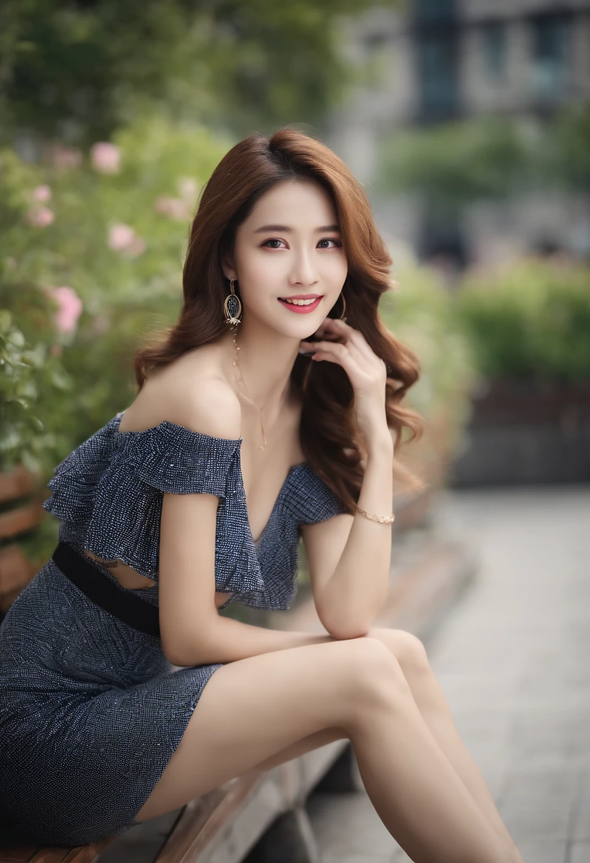 A woman sitting on a bench in a blue dress - SeaArt AI