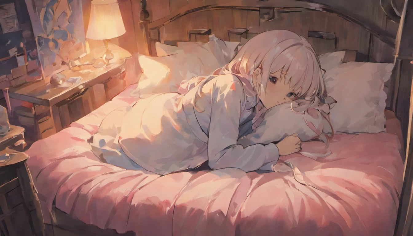 Anime girl sleeping in bed with pillow and pillowcase, Animated illustrations inspired by Ma Yuanyu, pixiv, serial art, 
nightcore, ☁🌪🌙👩🏾,
 pixiv style, PIXIV Daily Ranking, sleep, Dreaming Night, Upbeat Midnight Theme, lofi girl, trending in CGSTATION, sleepy, Trends in Artstration