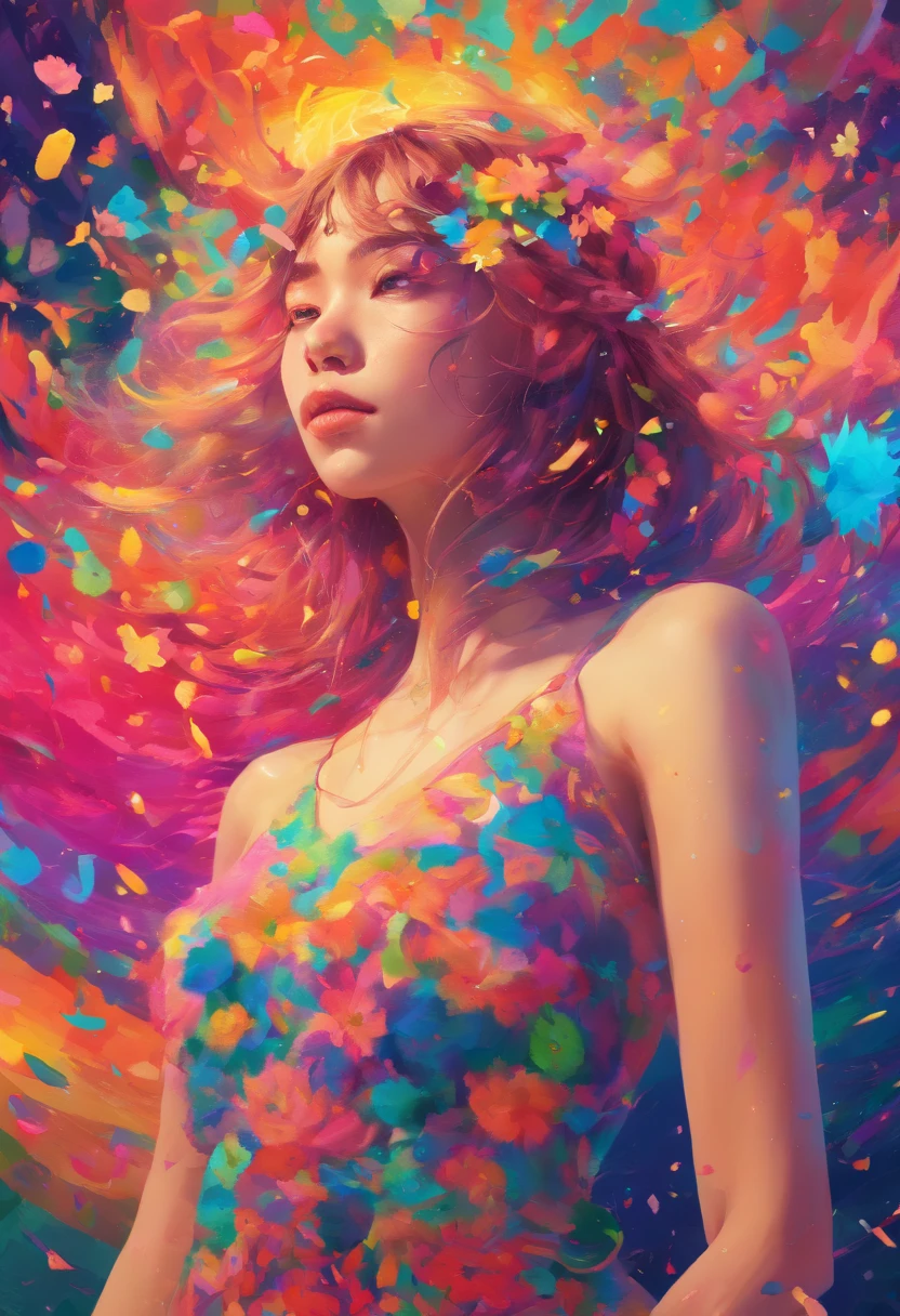 ((of the highest quality, 8K,Raw photo)), (Realistic, Photorealistic: 1.37), (Face Focus: 1.1), Small breasts, flat chest, Longhaire, Japan woman in silhouette、20yr old、Japan idol system、(Sleeveless: 1.1)、Skirt, Break、Cosmos flower、Cosmos confetti、