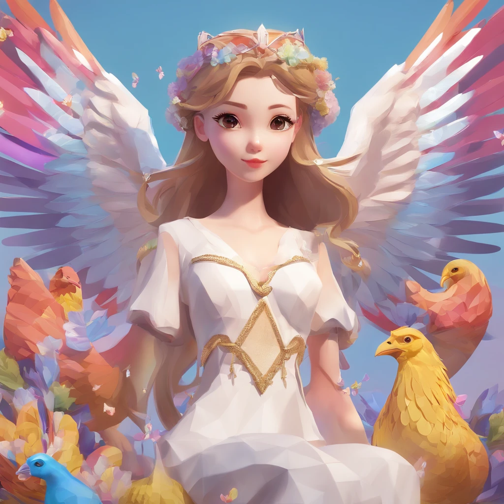 Angel with a chicken head、((Angel with a chicken head))、Sexy costume、A sexy、Moisturized, Glowing skin、bule､Always with angels、Inner peace、safety、Blissful、brilliance、optic、Fantastical、florals､rainbows、kirakira、ssmile、feather、Heaven、celestial realm、medieval times  (Best Quality,4K,hight resolution:1.2),Ultra-detailed,Realistic:1.37,Angel with a chicken head,White girl always with angel,peaceful,safe,Happy,brilliance,light,Fantastic,Flowers,rainbow,spark of light,Smile,Feathers,Heaven,paradise,Medieval、open-shirt、bra very、undergarment