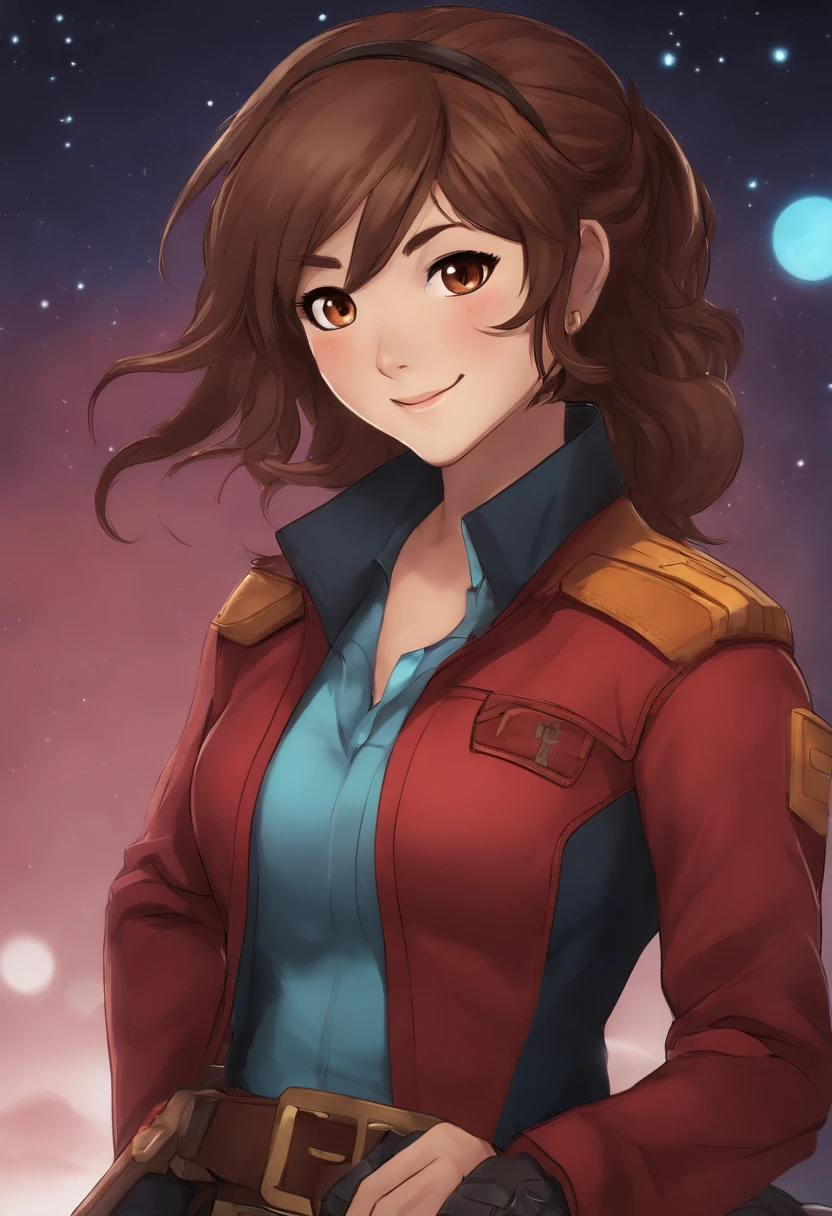 (highres, best quality:1.2), 1girl, radiance,  upper body, Haruhi Suzumiya as Starlord, guardians of the Galaxy, red leather coat,  suzumiya haruhi, solo, brown hair, short hair, brown eyes,  hairband, medium hair, ribbon, mischievous grin, cowboy shot, ((photo)), 8k, japanese teenage girl, red comet on a blue background