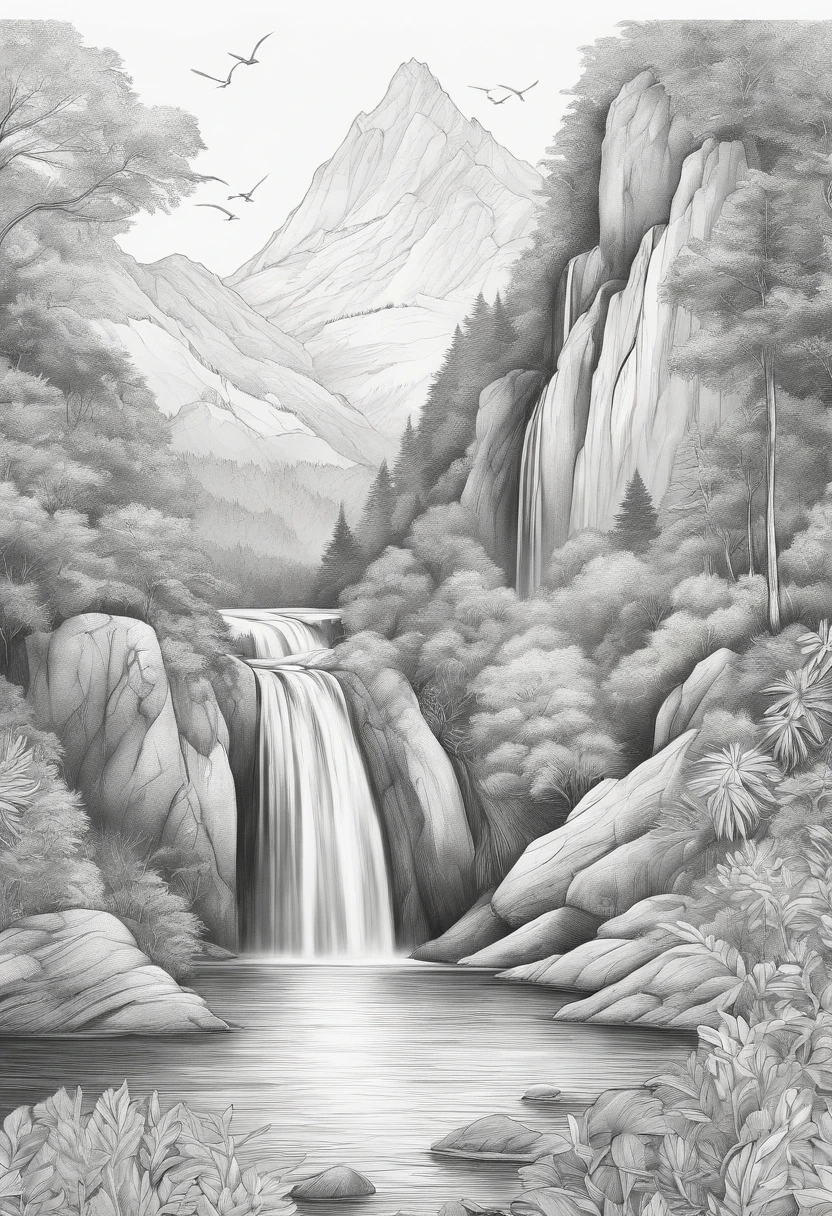 Natural landscape of the mountains, Sea, Waterfalls, aquarelle, Black and white outline, coloring book, White background, Line drawing