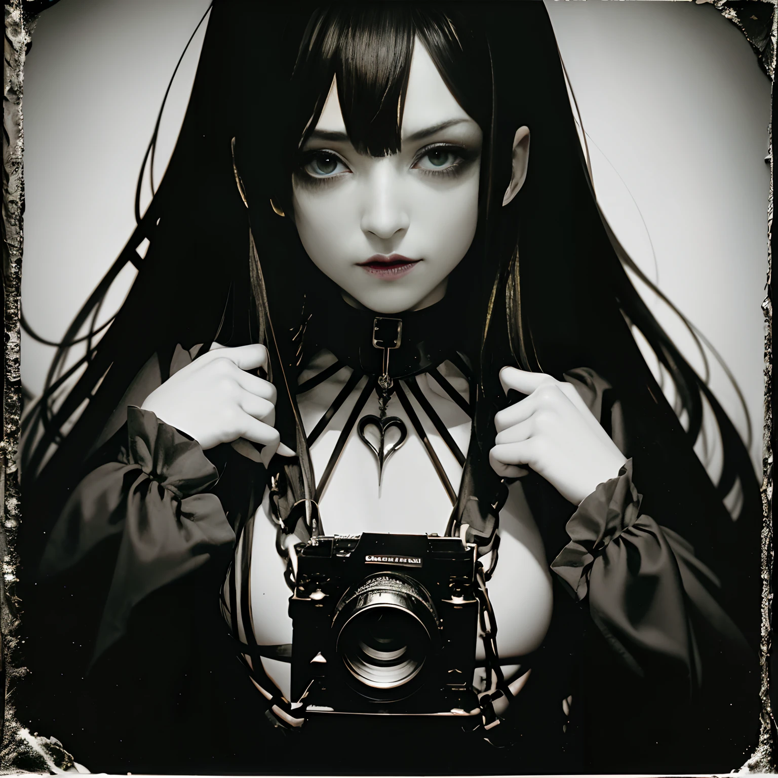 Portrait, Joel-Peter Witkin, gothic style, dark, vampire, photographer, indulgence, have a classic camera, white and long hair, vomiting blood