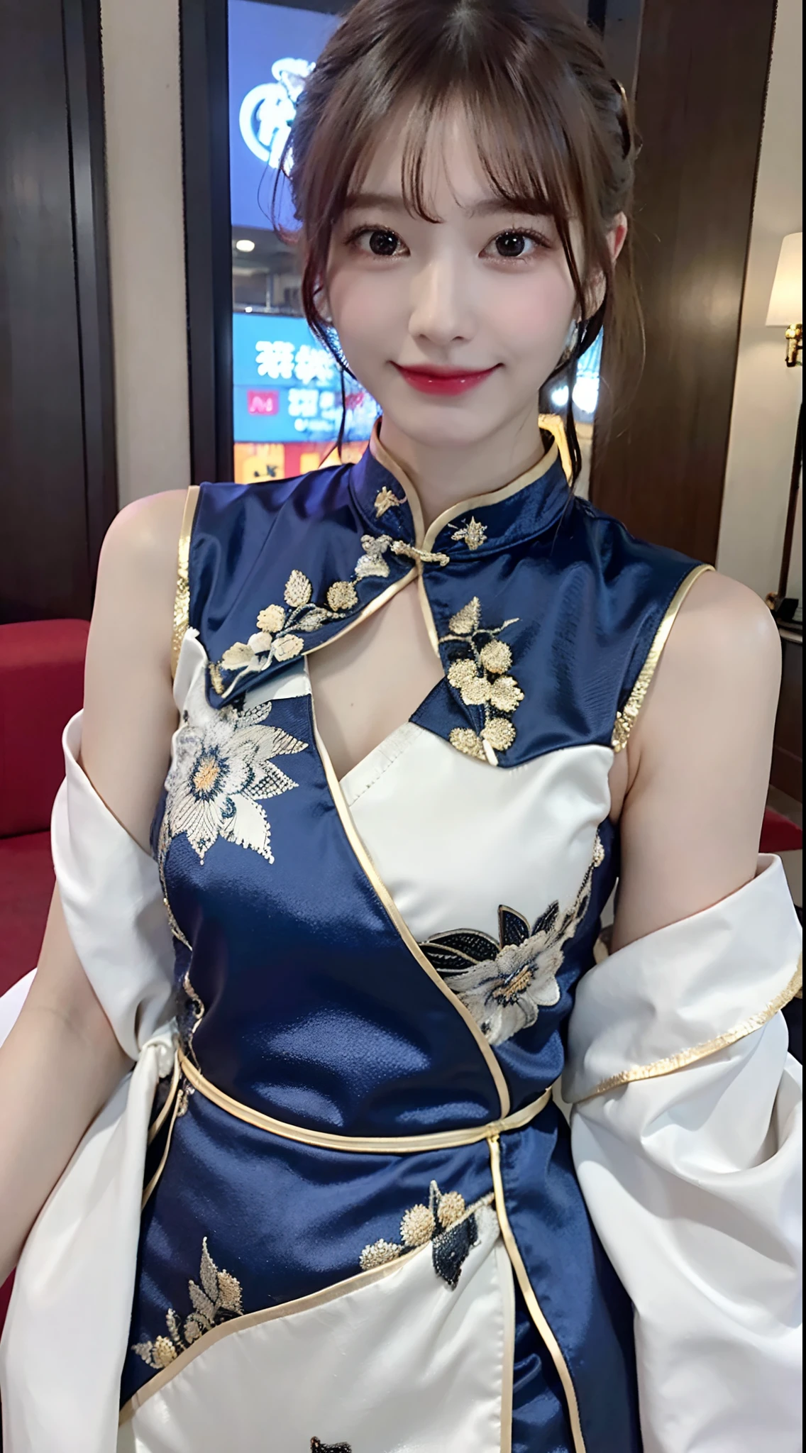 《Street Fight II》Chun-Li,Perfect Chun-Li Costume,Blue and gold thread cheongsam,Bun head,Very good cover,Fighting Stance,masterpiece、1 beautiful girl、beautiful eyes、Puffy eyes、best quality, 超high resolution, (Reality: 1.4), light、Japanese、Asian Beauty、Korean、Super beautiful、Beautiful skin、body facing forward、Close-up of face、(Ultra-realistic)、(high resolution)、(8K)、(Very detailed)、(Beautiful eyes)、(Super detailed)、 (wall-)、Delicate face、Bright Light、Professional lighting、Looking at the audience、Direct vision、side fringe、Nogizaka Idol、Korean Idol、masterpiece, best quality, masterpiece, best quality, Perfect face, Perfect brown eyes and white sclera, Bad move -5, Solitary, 1 girl, Upper Body, brown hair, From SF2, Chinese service, Smile, muscular woman, Blue clothes, Pantyhose, Pelvic Curtain, puffy short sleeves, Good cover, sash, Evaluate: