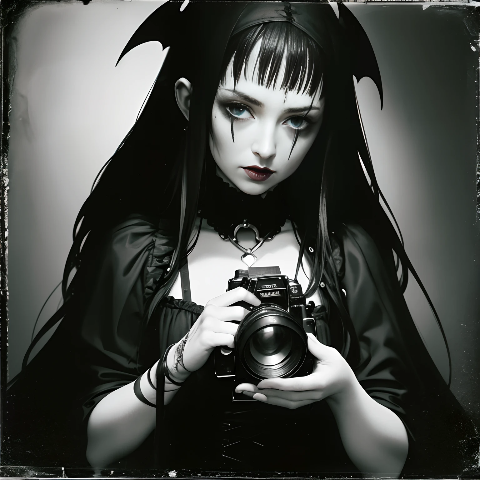 Photo, (gothic girl), (man ray style:1.4), Sinister, Dark theme, horror, disturbing, fun, strap top, Skirt, would do, the same, fringe cutting, dirty black hair color, Metallic silver eyeshadow with a touch of color, Rectangular in shape (Straight and balanced with minimal waist definition), (analog style:1.2), (film grains:1.2), (very detailed skin:1.2), 8k hd, DSLR, Soft lighting, high quality, film grains, Fujifilm XT3, perfect lighting, perfect shading,