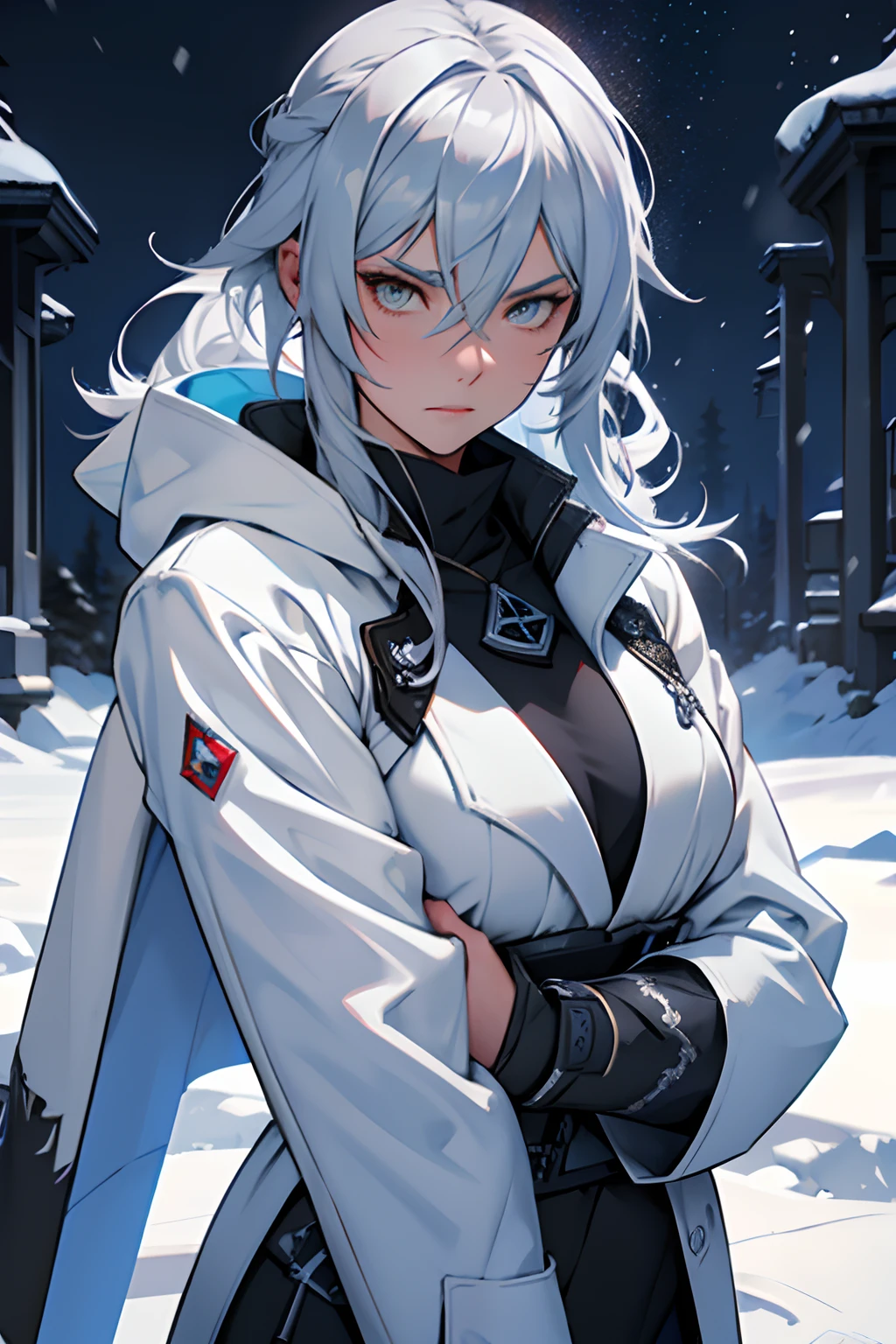 armpits, 1girl, gloves, looking_at_viewer, black_gloves, solo, jacket, long_sleeves, arm_up, parted_lips, black_shirt, shirt, black_jacket, grey_background, upper_body, gradient_background, breasts, gradient, blush, grin, mole, arm_behind_head, large_breasts, blonde hair,