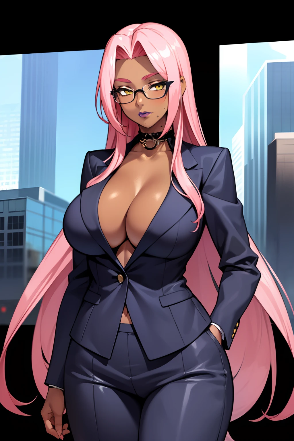 1girl,ingrid, dark-skinned female, very long hair, yellow eyes, purple lips, pink hair, forehead, hair intakes, mole under mouth, mole, large breasts,business suit, formal, jacket suit, skirt suit, cleavage,cowboy shot,glasses