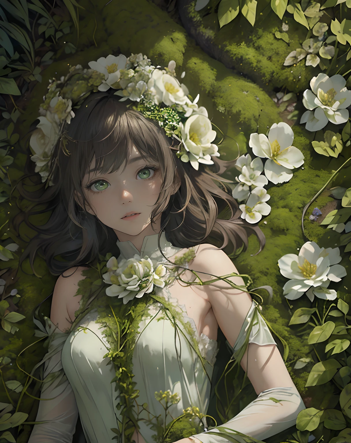 (Masterpiece, top quality, best quality, official art, Beauty and aesthetics: 1.2), (Bangs)(1 girl: 1.3), very detailed, colorful, most detailed ((super detailed)), (highly detailed CG illustration), (very delicate and beautiful), (from front), cinematic lights, ((1 girl)), single, complete, (moss-made ensemble: 1.2), ((moss outfits)), (moss attire), (unbound), (real), (moss attached to limbs ), (body moss covering), (real, (covered, (( sheets of moss attached to his body)), (lying on your back), (expressionless, (character focus), science fiction, forest, (plant: 1.5,flower:1.3)