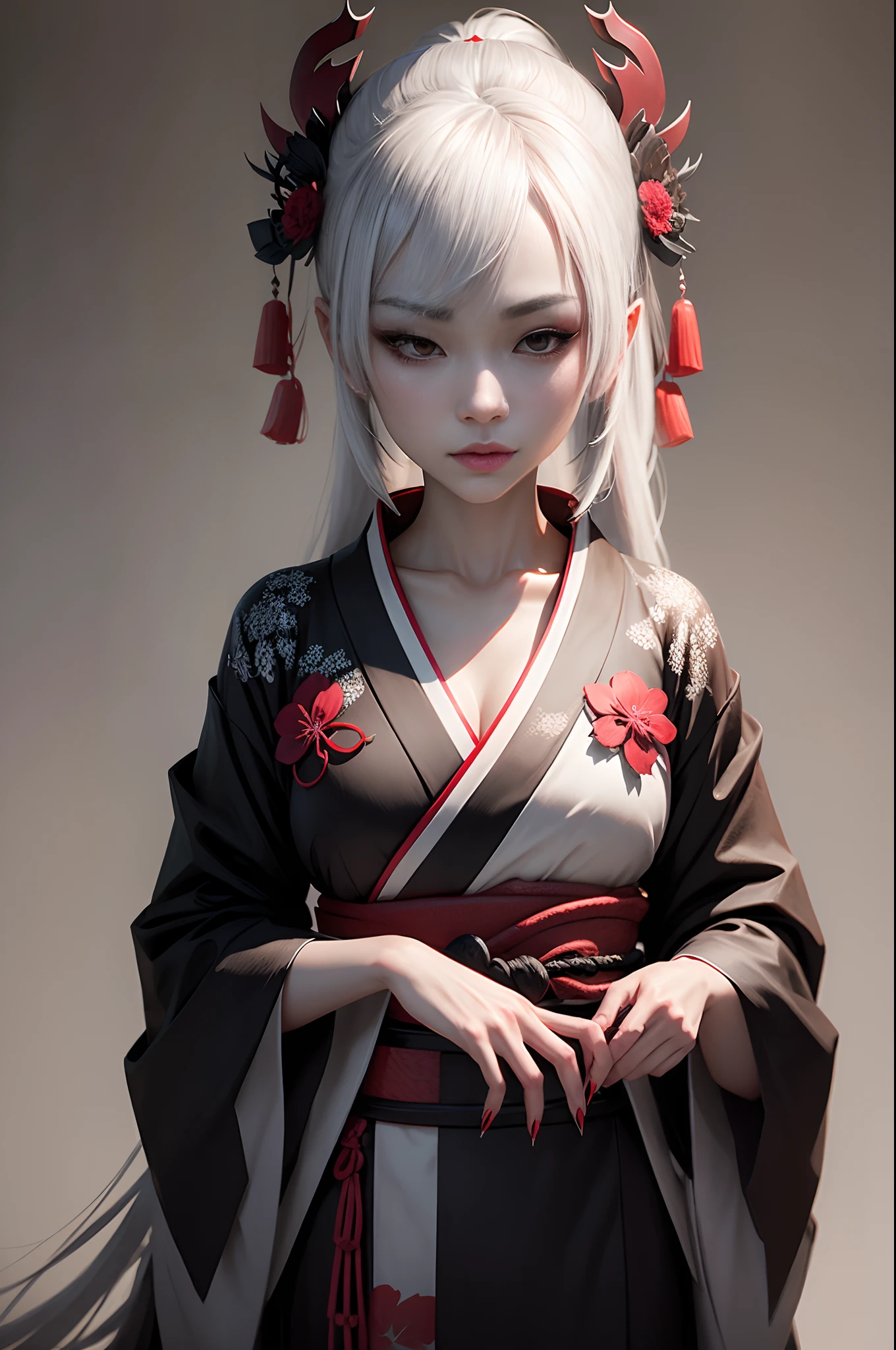 Concept sheet of the character of a Japanese beautiful undead girl in a traditional kimono and with long claws and nails, She's so close ,mist,Unreal engine, Trending on ArtStation,Clear Focus: rot, black, A white, Color, photo-realistic