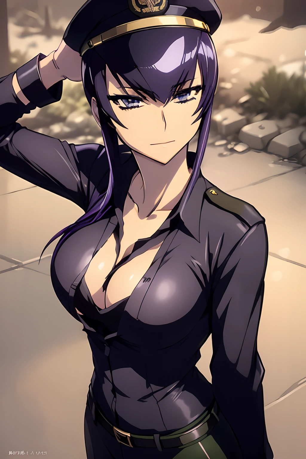 Saeko Busujima vestida con un uniforme militar negro, general, abrigo negro, saludo de soldado, militar, mirando al espectador, uniforme militar, uniforme aleman, gorra militar