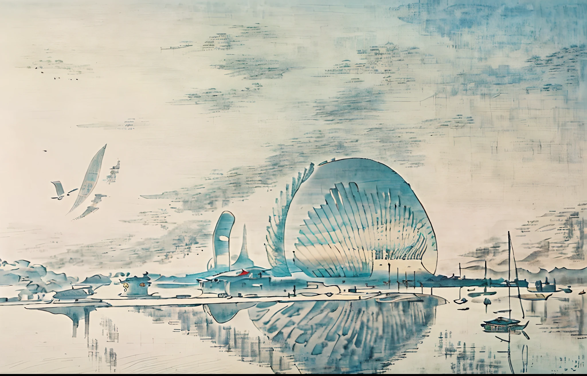 There were two boats in the water near the building, author:Chass is silent, futuristic architectural art, inspired by Zha Shibiao, high quality architectural art, futuristic persian palace, huge futuristic building, Futuristic utopian architecture, futuristic building, Beautiful rendering of the Tang Dynasty, detailed futuristic architecture, building rendering, Futuristic church, architectural render, futuristic palace