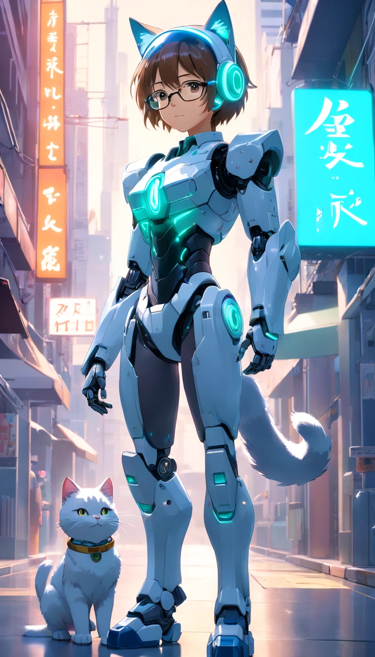 robotic cat, (Blind box toy style:1.2), (full body shot of) , 1 Transparent Boy,Behind him is a cute transparent robot cat, Mecha transparent, Exquisite helmet:1.2, Glasses:1.2, Cyberpunk, dreamy glow, luminous neon lights, ren, white backgrounid, ( global ilumination, Stripe tracking, hdr, unreal render,reasonable design, high detal, Master parts, Best quality, hyper HD, Cinematic lighting)