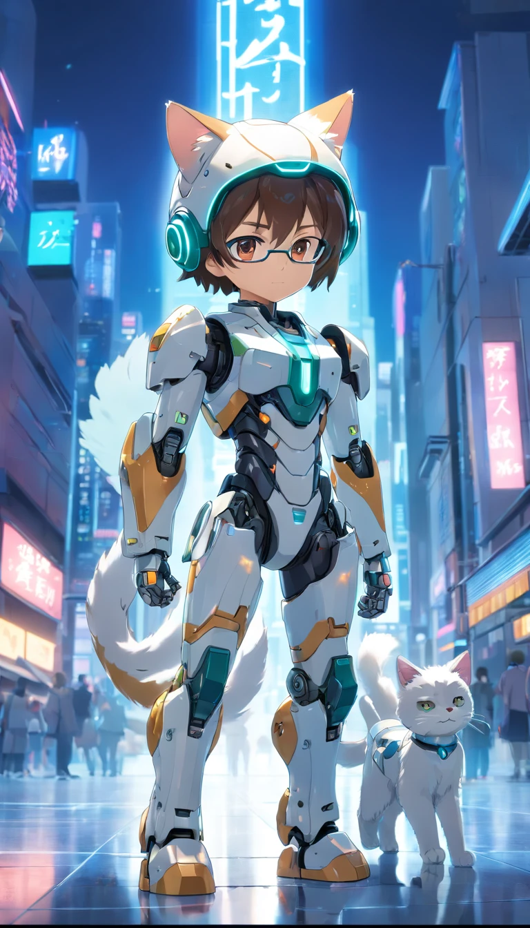 robotic cat, (Blind box toy style:1.2), (full body shot of) , 1 Transparent Boy,Behind him is a cute transparent robot cat, Mecha transparent, Exquisite helmet:1.2, Glasses:1.2, Cyberpunk, dreamy glow, luminous neon lights, ren, white backgrounid, ( global ilumination, Stripe tracking, hdr, unreal render,reasonable design, high detal, Master parts, Best quality, hyper HD, Cinematic lighting)