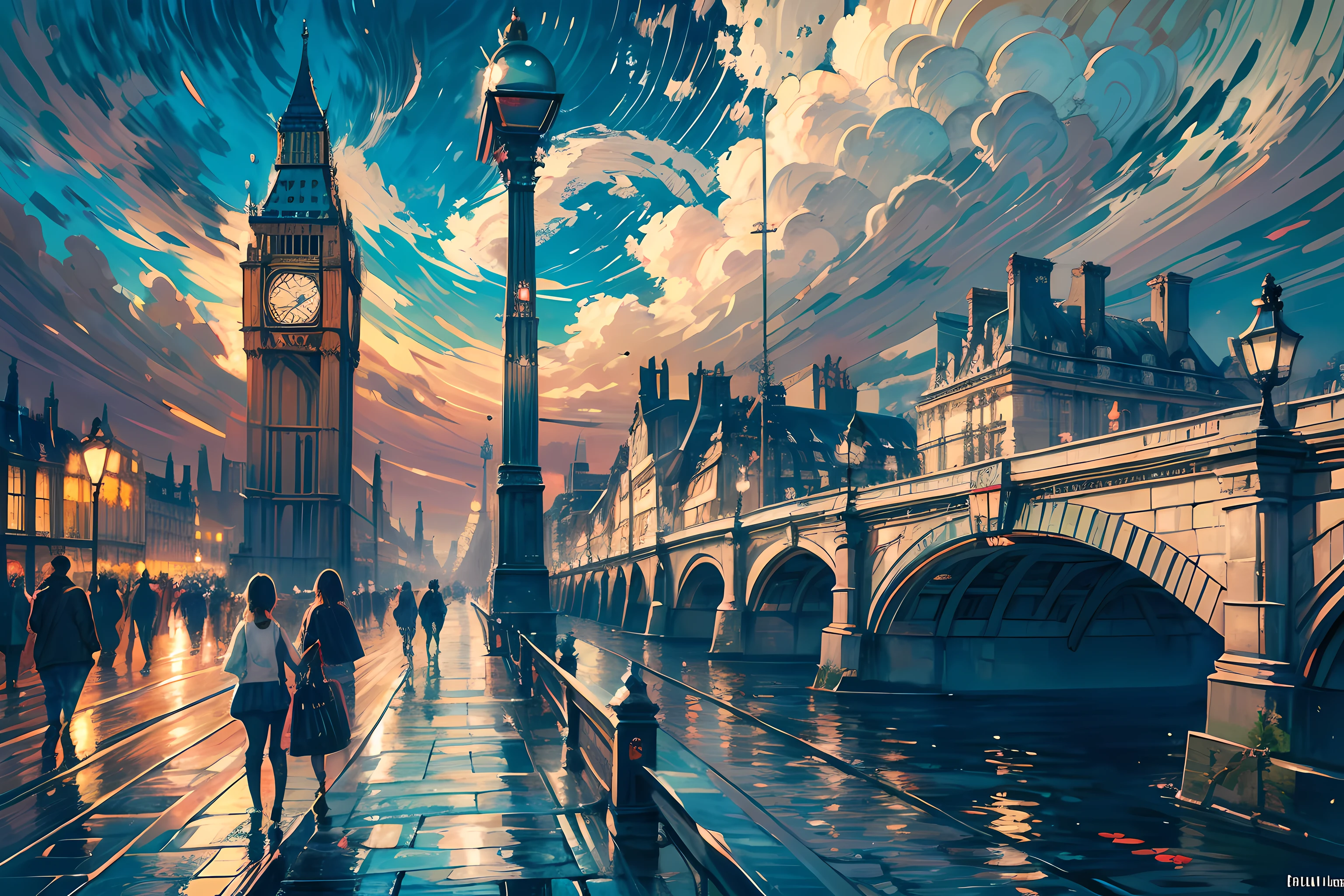 (Masterpiece), (Best Quality), (Ultra-detailed), Artistic painting, hyperrealism, Impressionism, dreamlike atmosphere, In a delicate blend of surrealism and impressionism, An iconic landmark of London emerges as a whimsical dreamscape., The city's historic architecture and vibrant culture take a surreal twist., It invites viewers to explore the essence of London through the eyes of a dreamer, london, Landmark,