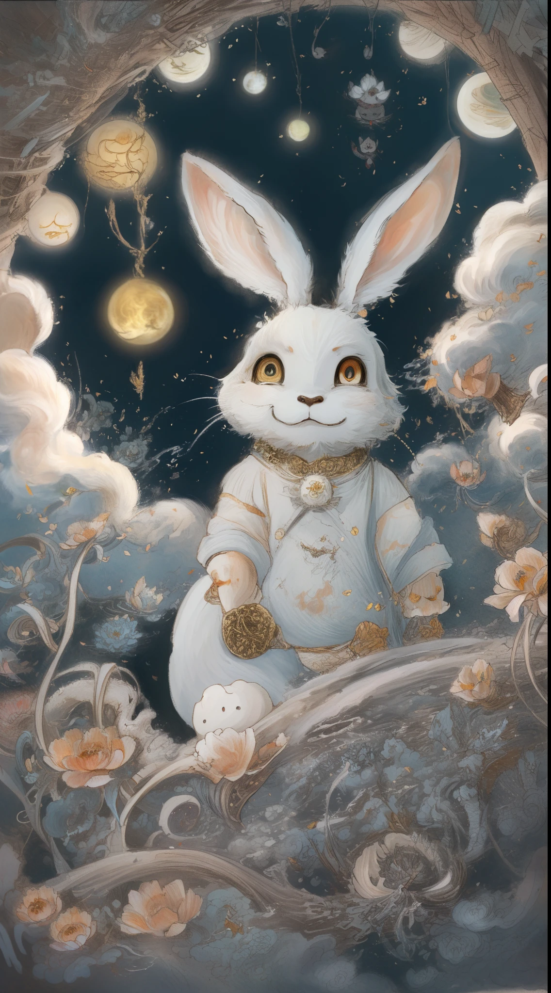 Yamazawa， themoon， Clouds， Skysky， A smart rabbit，painting of a（curly）， natta， jewely， Traditional media，  fresh flowers，
high high quality，
