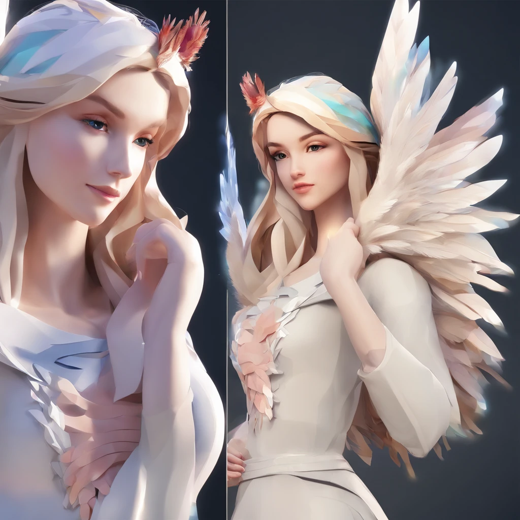 Chickens with heads、((Angel with a chicken head))、Sexy costume、A sexy、Moisturized, Glowing skin、bule、Always with angels、Inner peace、safety、Blissful、brilliance、optic、Fantastical、florals、rainbows、kirakira、ssmile、feather、Heaven、celestial realm、medieval times (Best Quality,4K,hight resolution:1.2),Ultra-detailed,Realistic:1.37,Angel with a chicken head,White girl always with angel,peaceful,safe,Happy,brilliance,light,Fantastic,Flowers,rainbow,spark of light,Smile,Feathers,Heaven,paradise,Medieval、open-shirt、sexy underwear、bra very
