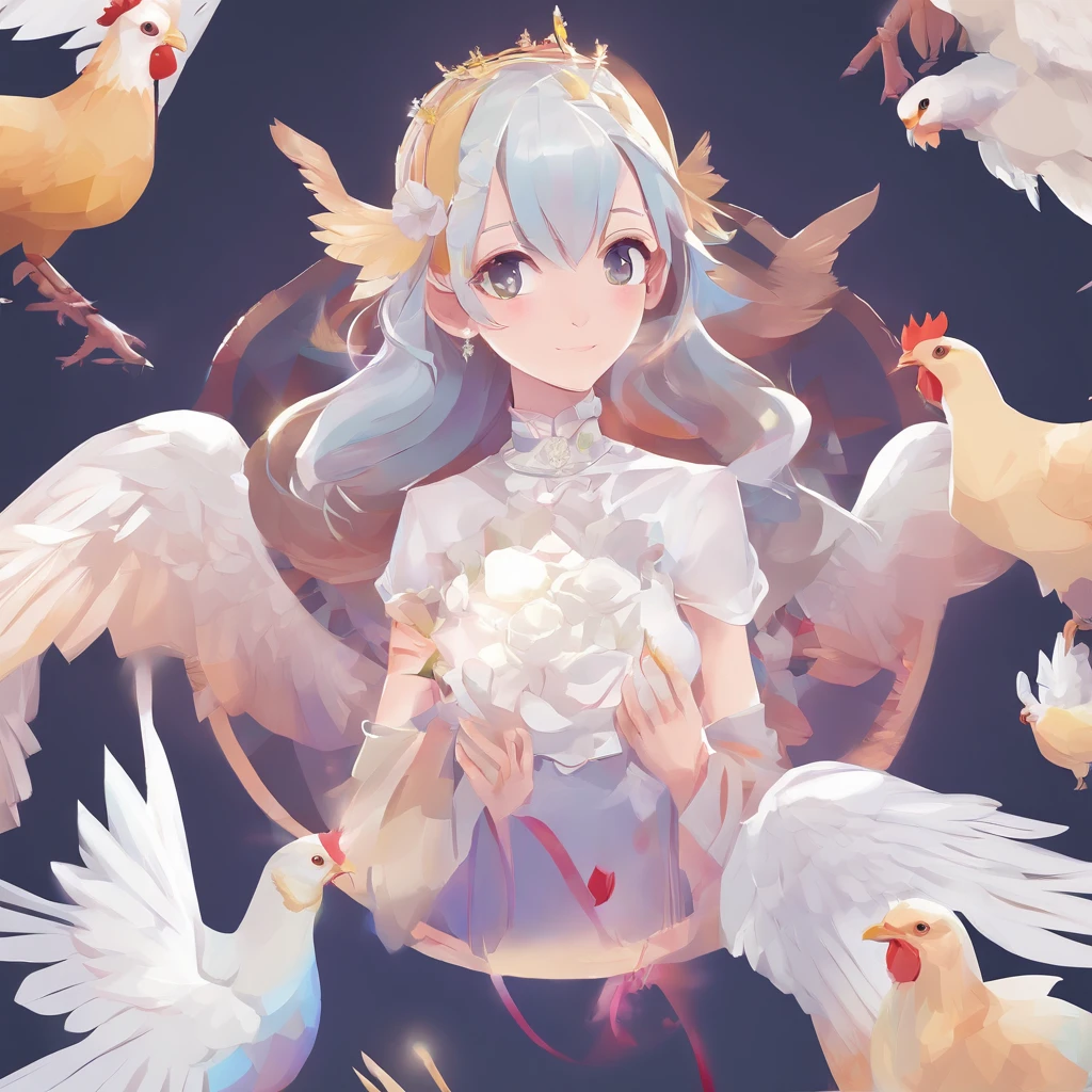 Chickens with heads、((Angel with a chicken head))、Sexy costume、A sexy、Moisturized, Glowing skin、bule、Always with angels、Inner peace、safety、Blissful、brilliance、optic、Fantastical、florals、rainbows、kirakira、ssmile、feather、Heaven、celestial realm、medieval times (Best Quality,4K,hight resolution:1.2),Ultra-detailed,Realistic:1.37,Angel with a chicken head,White girl always with angel,peaceful,safe,Happy,brilliance,light,Fantastic,Flowers,rainbow,spark of light,Smile,Feathers,Heaven,paradise,Medieval、open-shirt、sexy underwear、bra very