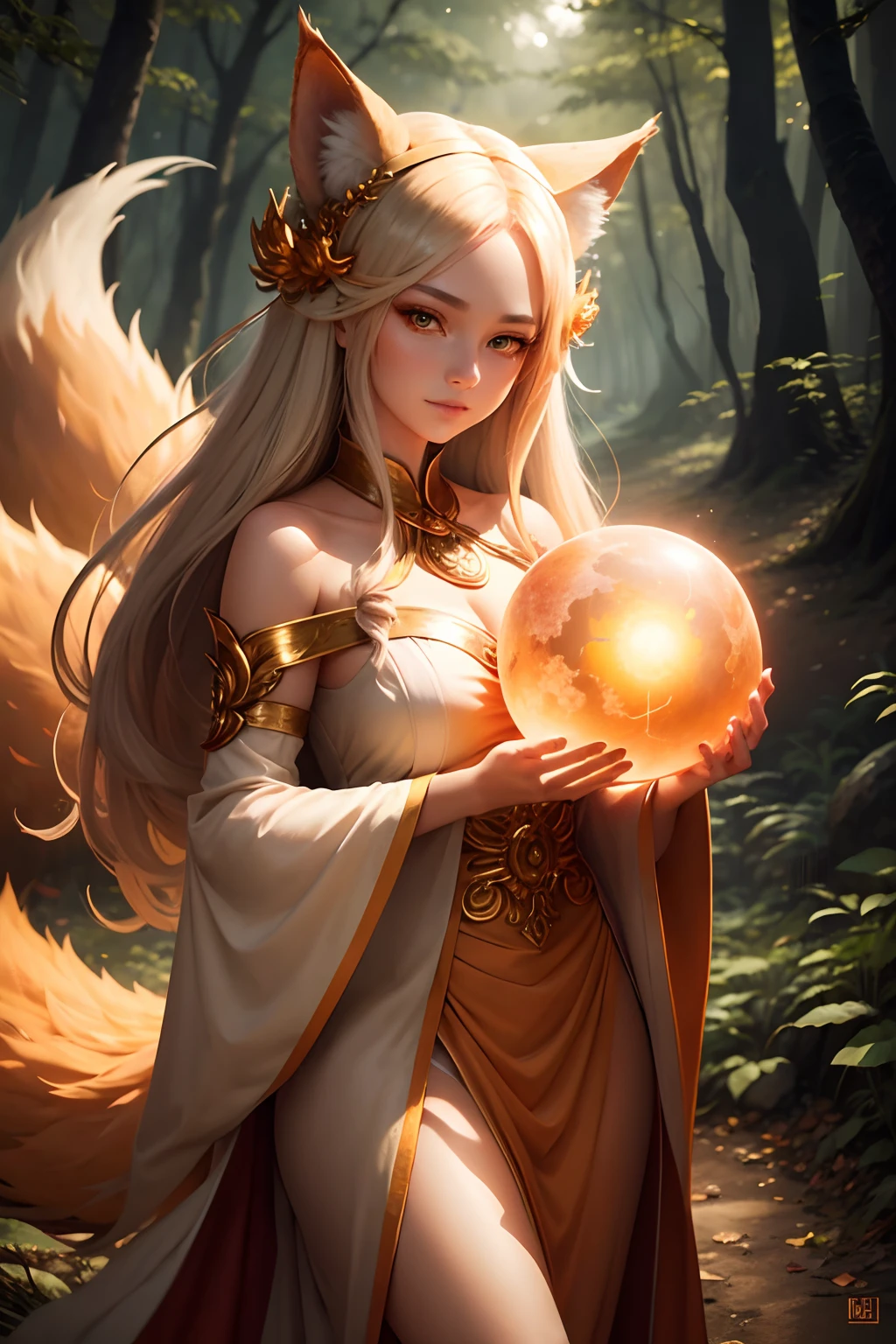 Nine tailed fox girl holding a glowing orb in one hand, beautiful dress, goddess, forest background, (masterpiece), best quality, HD, 8k, expressive eyes, perfect face