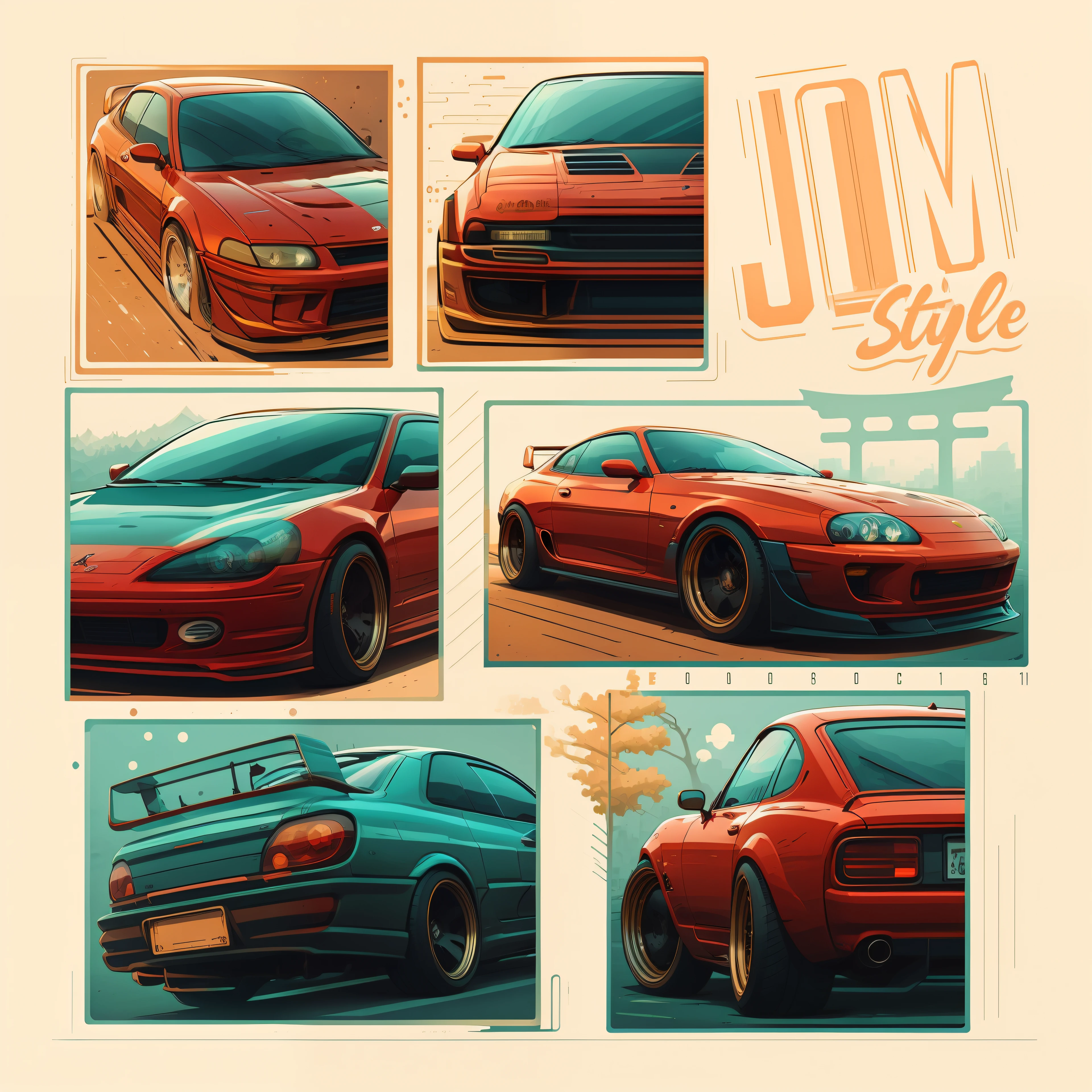 a close up of a car with a number of different colors, jdm, style of jordan grimmer, in style of digital illustration, cartoon style illustration, style of james gurney, cartoonish vector style, sticker design vector art, japanese cartoon style, cartoon artstyle, cartoonish graphic style, in the style dan mumford artwork, cartoon art style, various art styles