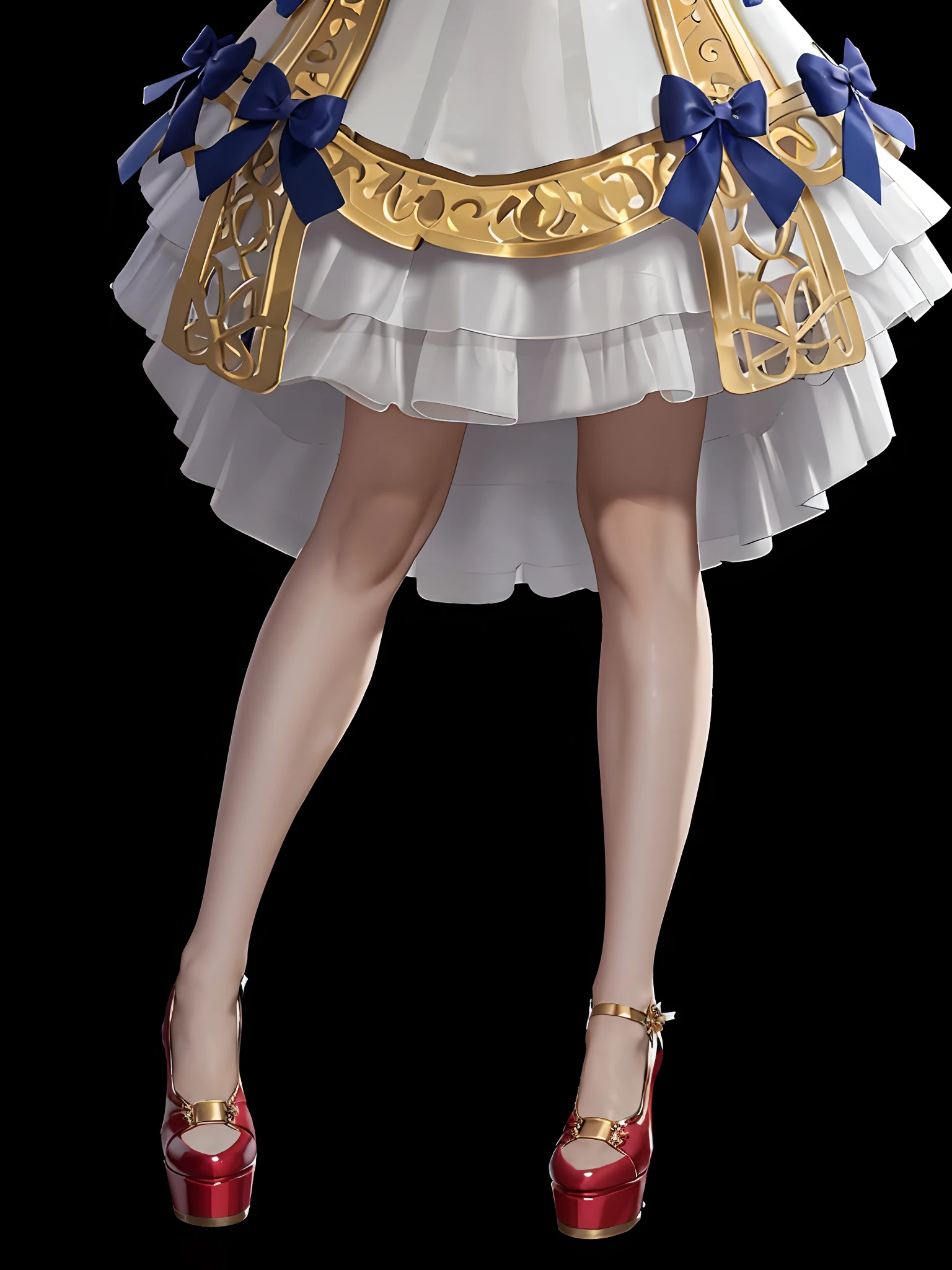 Close-up of a woman in a dress，Detailed legs,  with perfect legs， Perfect shoes， Bubble skirt， Extreme meticulousness， finedetail， edge lit， Highly meticulous， flawless perfection， Focus Clear，