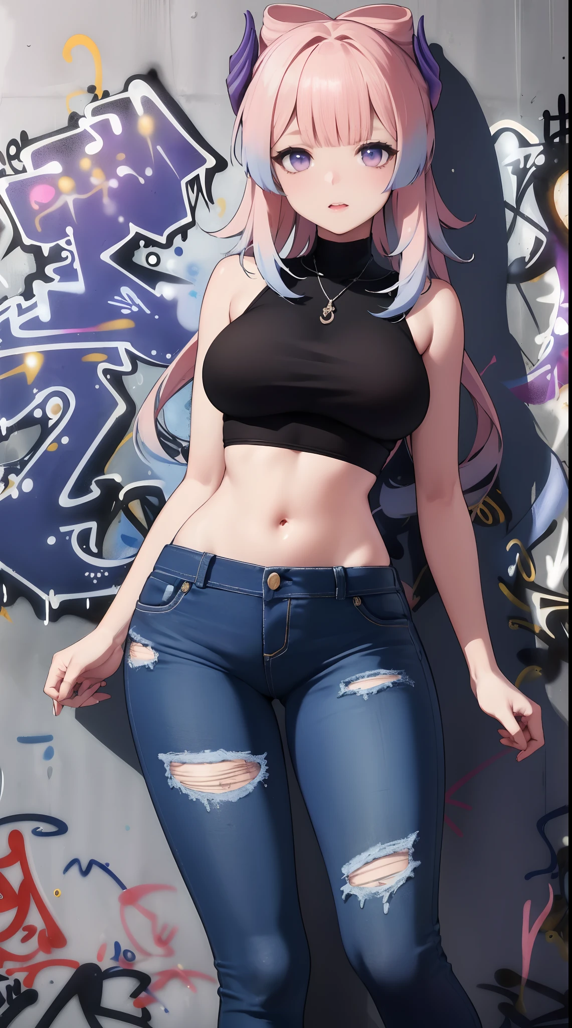 Sankonomiya|Kokomi Genshin Effects, master-piece, bestquality, 1girls,20 age, Double tail hairstyle, proportional body, Long Jeans, oversized breasts, ,bara, (Graffiti:1.5), Splash with purple lightning pattern., arm behind back, against wall, View viewers from the front., Head tilt,