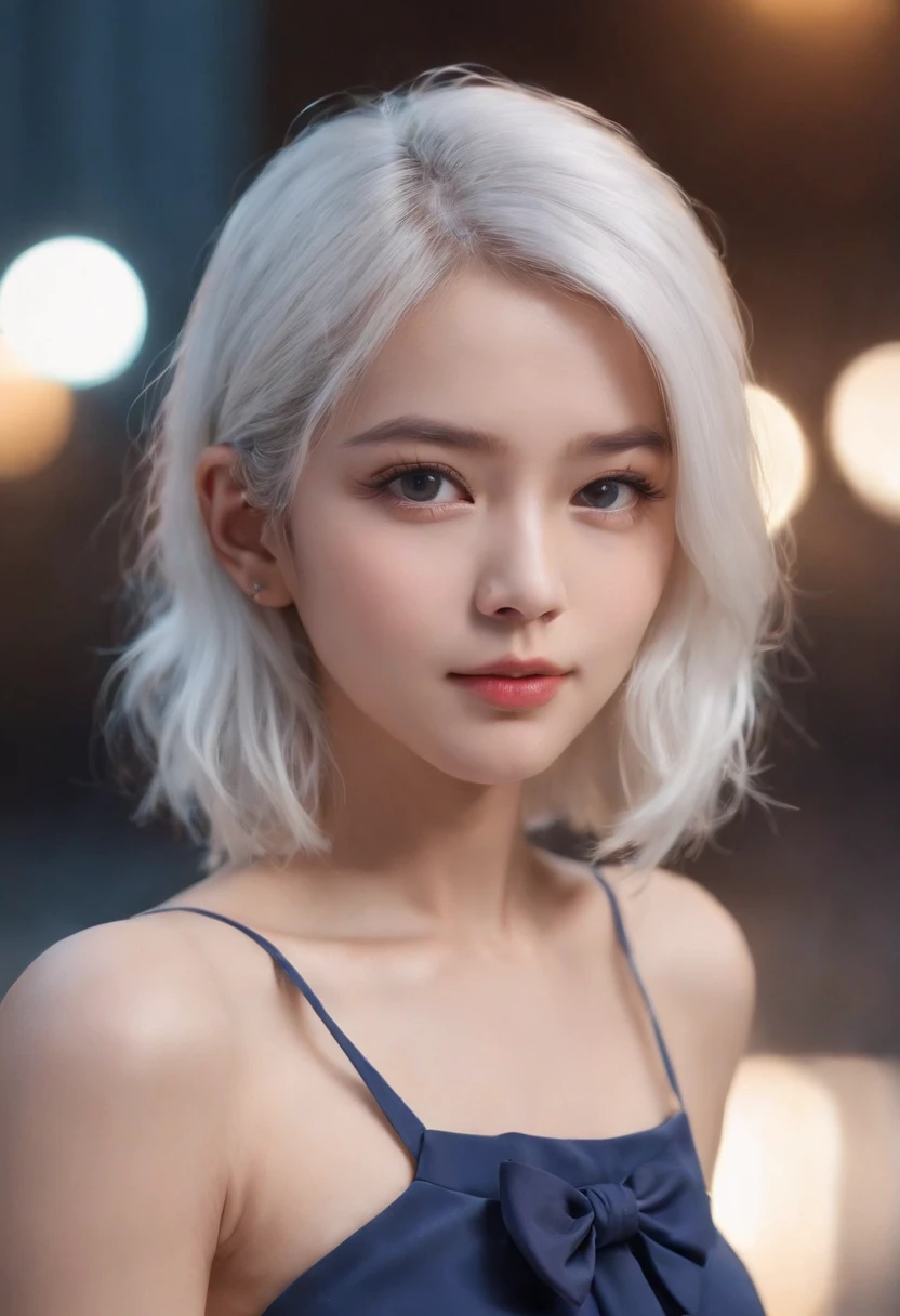 (8k, RAW photo, best quality, masterpiece:1.3),(realistic,photo-realistic:1.37),(night),(looking at viewer:1.331),(white hair),posing,Tokyo street,nightcityscape, cyberpunk city,soft light,1girl,extremely beautiful face,bust,put down hands,Random hairstyle,Random expression,big eyes, ,lower abdomen,(short-sleeved
JK_shirt),JK_style,(dark blue JK_skirt) ,(bow JK_tie),mix4