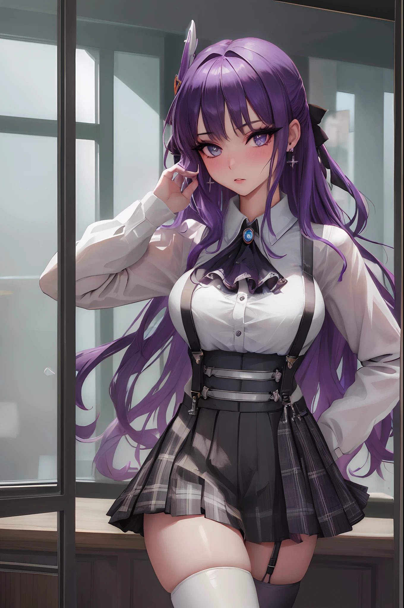 (masterpiece, best quality:1.2), cowboy shot, pcsaren, hair bow, hair ornament, (makeup, muscara, eyeblush, eyeshadow), 
1girl, solo, long hair, looking at viewer, skirt, shirt, thighhighs, jewelry, standing, white shirt, purple hair, earrings, black thighhighs, indoors, bracelet, plaid, makeup, plaid skirt, suspenders, reflection, mirror, realistic, suspender skirt, wearing Urban_Gal