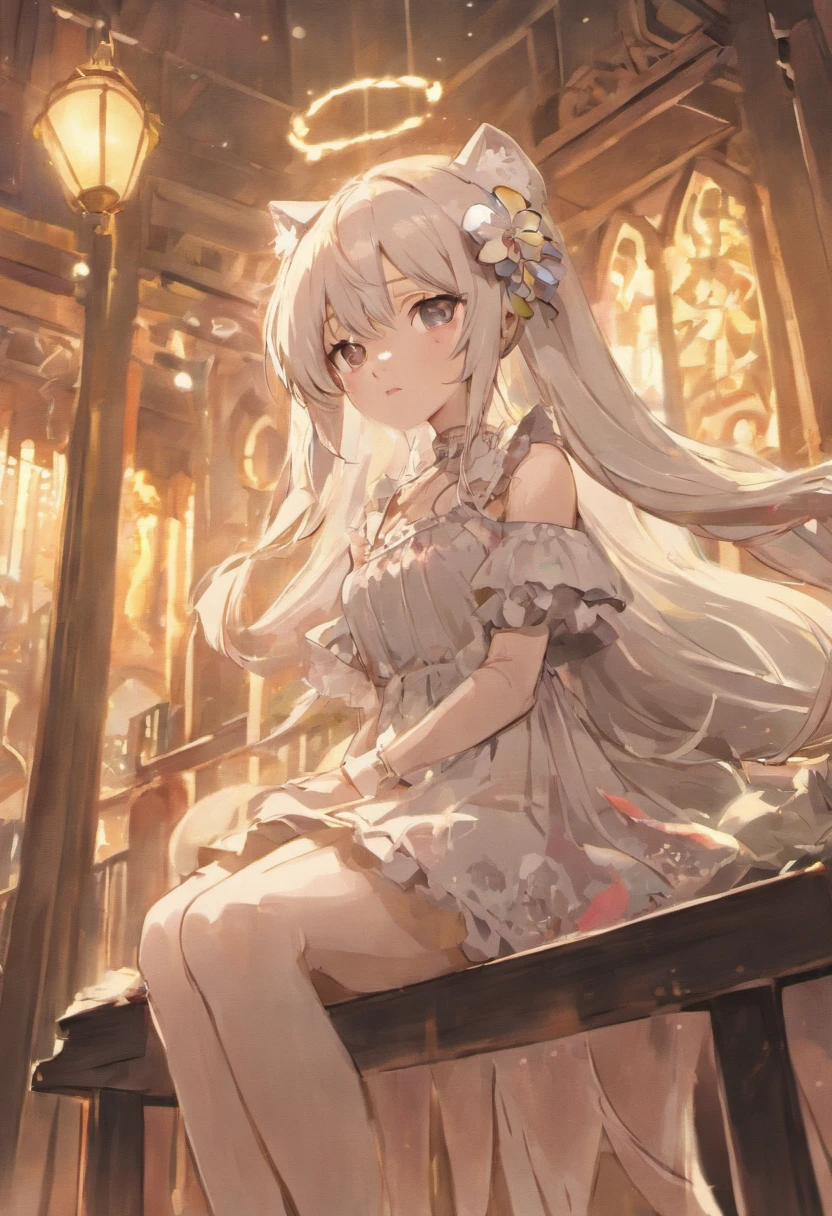 Anime girl sitting on bench，There are cat ears on the head, white dresses!! silber hair, cute anime waifu in a nice dress,, White-haired god, gray-haired girl, Perfect girl with white hair, Güvez on Pisif Art Station, whaite hair, Flowing white hair，black lence stockings