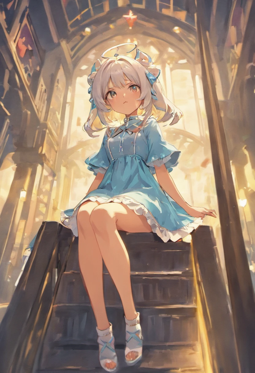 Anime girl sitting on bench,There are cat ears on the head, white dresses!! silber hair, cute anime waifu in a nice dress,, White-haired god, gray-haired girl, Perfect girl with white hair, Güvez on Pisif Art Station, whaite hair, Flowing white hair,black lence stockings