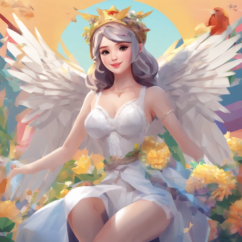 Chickens with heads、((Angel with a chicken head))、Sexy costume、A sexy、Moisturized, Glowing skin、bule､Always with angels、Inner peace、safety、Blissful、brilliance、optic、Fantastical、florals､rainbows、kirakira、ssmile、feather、Heaven、celestial realm、medieval times  (Best Quality,4K,hight resolution:1.2),Ultra-detailed,Realistic:1.37,Angel with a chicken head,White girl always with angel,peaceful,safe,Happy,brilliance,light,Fantastic,Flowers,rainbow,spark of light,Smile,Feathers,Heaven,paradise,Medieval、open-shirt、sexy underwear、bra very