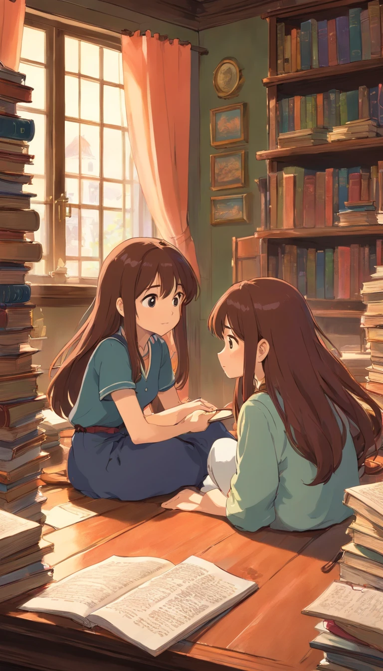 Two girl with a long brown hair,back view,sitting in a study table,with books and ppaper,messy room