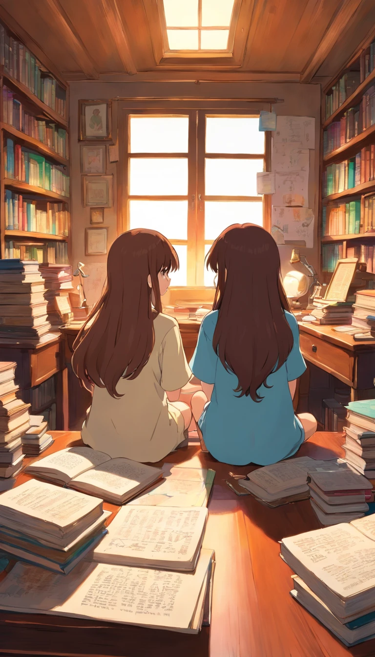 Two girl with a long brown hair,back view,sitting in a study table,with books and ppaper,messy room