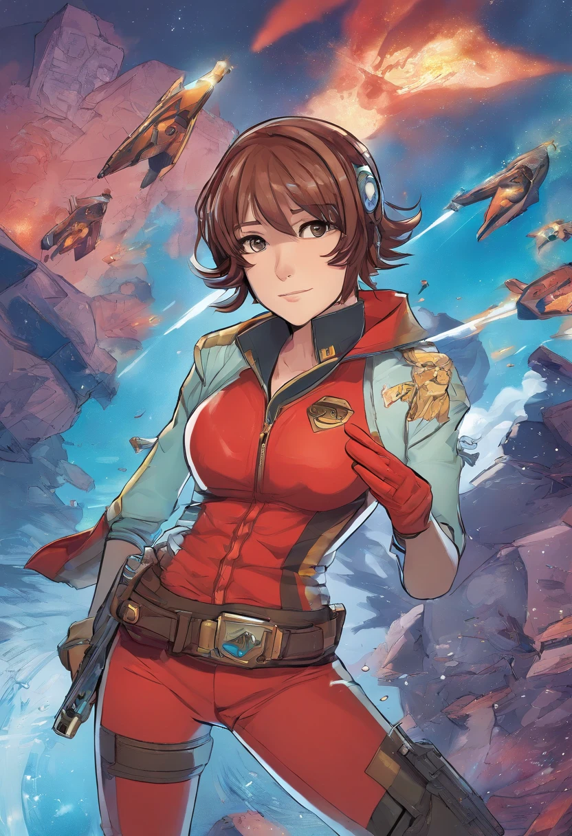 (highres, best quality:1.2), 1girl, radiance, upper body, Haruhi Suzumiya as Starlord, guardians of the Galaxy, red leather coat, suzumiya haruhi, solo, brown hair, short hair, brown eyes, hairband, medium hair, ribbon, mischievous grin, cowboy shot, ((photo)), 8k, japanese age girl, red comet on a blue background