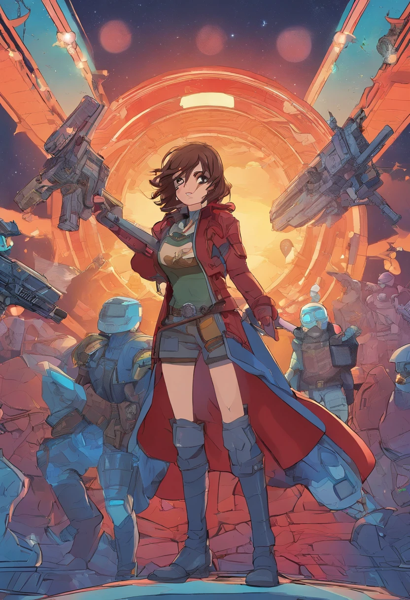 (highres, best quality:1.2), 1girl, radiance, upper body, Haruhi Suzumiya as Starlord, guardians of the Galaxy, red leather coat, suzumiya haruhi, solo, brown hair, short hair, brown eyes, hairband, medium hair, ribbon, mischievous grin, cowboy shot, ((photo)), 8k, japanese age girl, red comet on a blue background