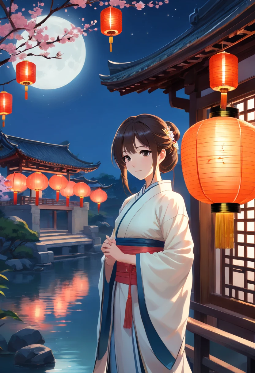 (best quality,4k,8k,highres,masterpiece:1.2),ultra-detailed,(realistic,photorealistic,photo-realistic:1.37),
moonlit night,starry sky,chinese woman,chinese traditional white dress,long flowing hair,teary eyes,wistful look,holding a little rabbit,
in a chinese ancient architecture, serene ambiance,chinese lanterns in the background,cherry blossom trees,chinese calligraphy on the walls,
gentle breeze,quietness,timeless beauty,full moon radiance,delicate details,ethereal atmosphere,captivating scene,colorful lanterns,
subtle shadows,faint moonlight illuminating,reflections on the water,peaceful surroundings,tranquility,serenity,Night view of a Chinese garden