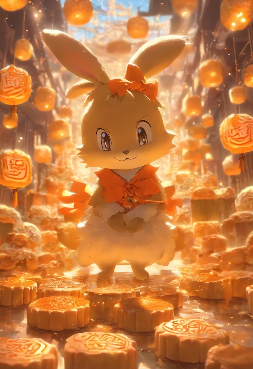 edgBunny,Eat mooncakes,laurel,themoon,The light is depicted in detail,orange tint,oc rendered,high qulity,tmasterpiece,Hyper-realistic,Ultra photo realsisim,8K,super-fine,ultra - detailed,Ultra-wide angle of view,dynamic viewing angle