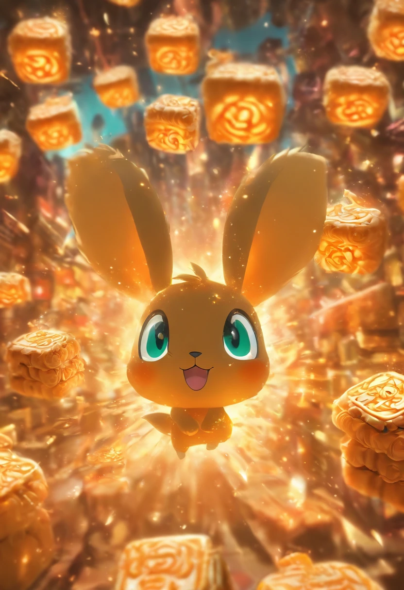edgBunny，Eat mooncakes，laurel，themoon，The light is depicted in detail，orange tint，oc rendered，high qulity，tmasterpiece，Hyper-realistic，Ultra photo realsisim，8K，super-fine，ultra - detailed，Ultra-wide angle of view，dynamic viewing angle