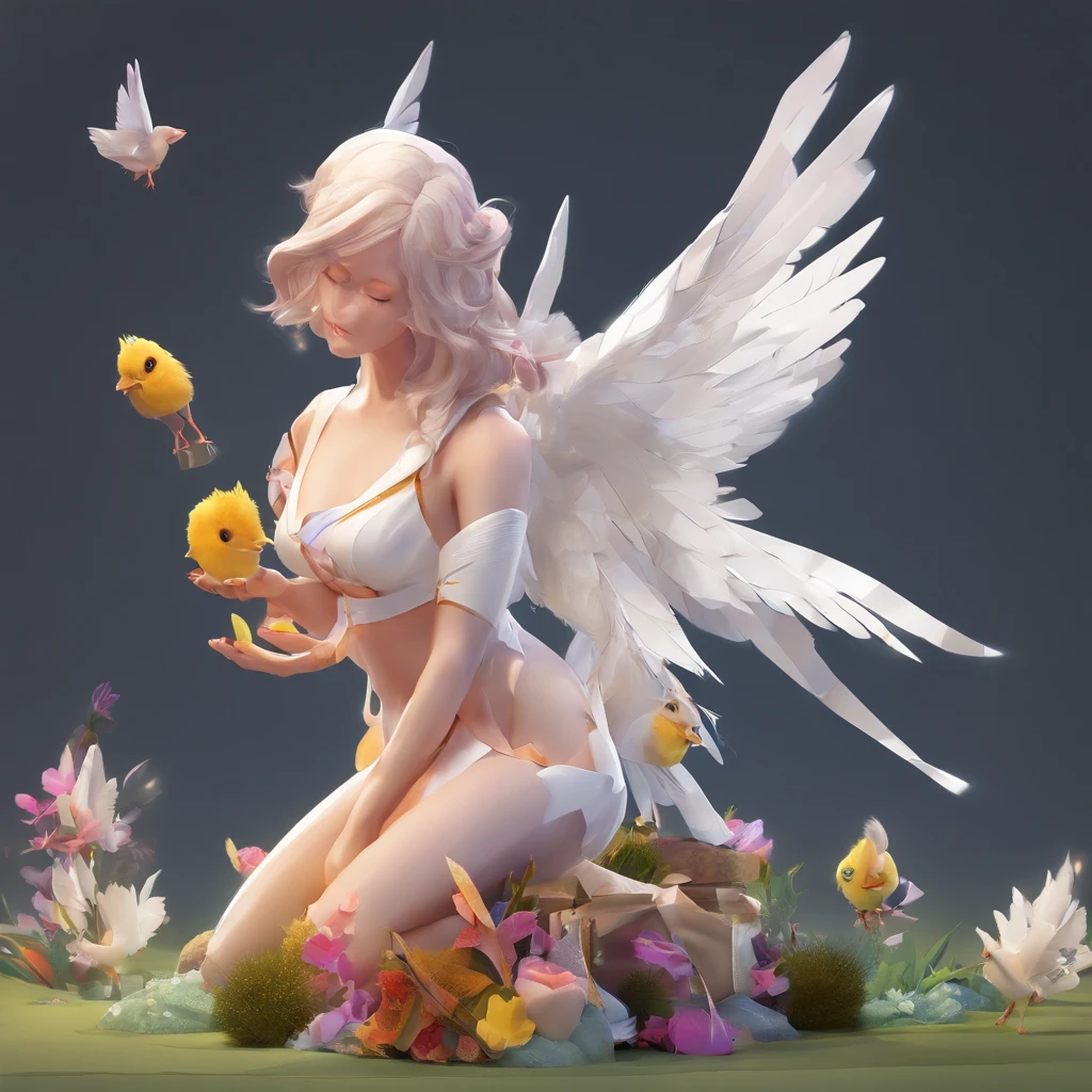 Angel with a chicken head、((Angel with a chicken head))、Sexy costume、A sexy、Moisturized, Glowing skin、bule、Always with angels、Inner peace、safety、Blissful、brilliance、optic、Fantastical、florals、rainbows、kirakira、ssmile、feather、Heaven、celestial realm、medieval times (Best Quality,4K,hight resolution:1.2),Ultra-detailed,Realistic:1.37,Angel with a chicken head,White girl always with angel,peaceful,safe,Happy,brilliance,light,Fantastic,Flowers,rainbow,spark of light,Smile,Feathers,Heaven,paradise,Medieval、open-shirt、bra very、undergarment
